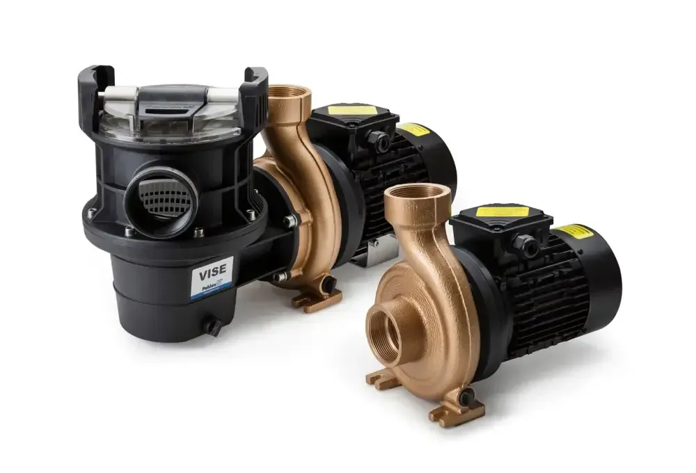 Industriella poolpumpar i svart och mässing av rostfritt syrafast stål med Vise-etikett